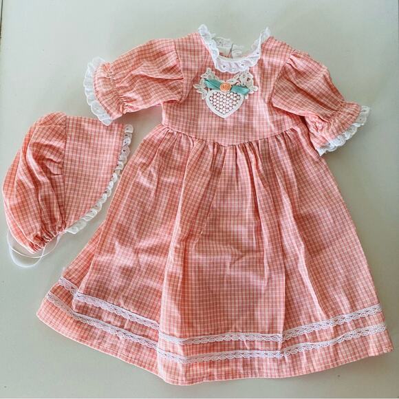 AMERICAN GIRL DOLL Peach Pink Plaid Checkered Dress Ribbon Tie Bonnet Hat Lace - Picture 1 of 6